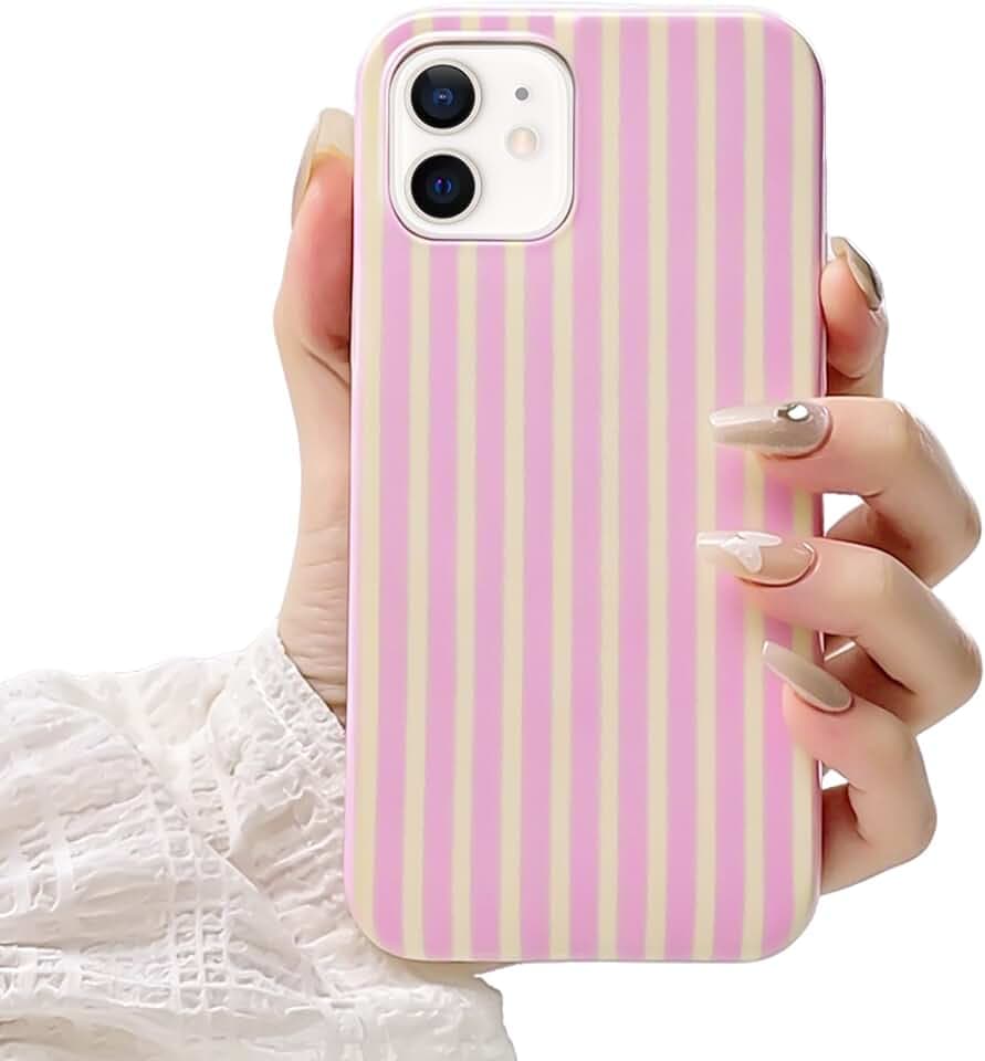 Cute Striped Case for iPhone 12/12 Pro 6.1",Pink/Yellow
