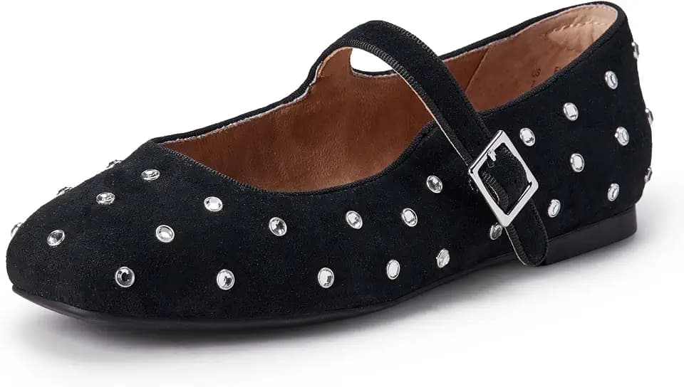 Amazon Essentials Women's Square-Toe Mary Jane Ballet Flat with Adjustable Metal Buckle Strap, Non-Slip Low Heel, Cushioned