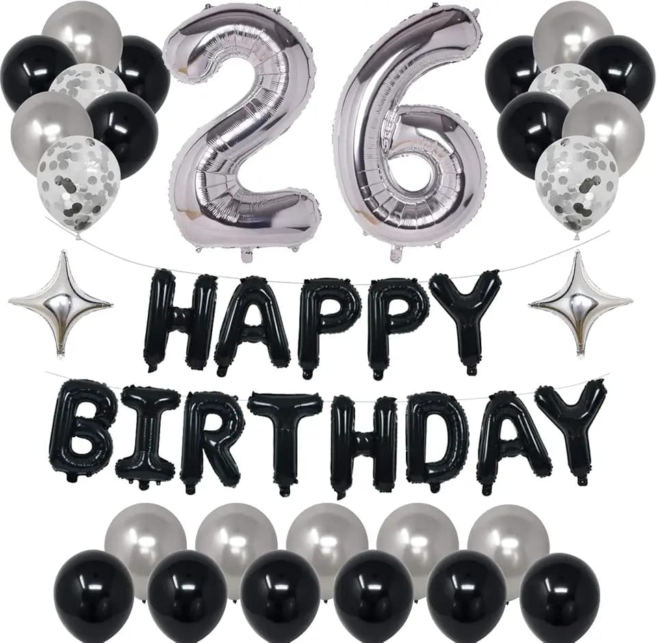 Black Silver 26th Birthday Decorations, Happy 26th Birthday for Men