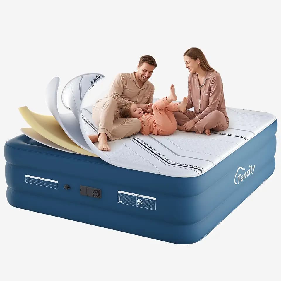 Tencity Fast Inflate AirBed, Quiet & Comfortable Blow Up Bed for Home Guests, Camping, Travel, Luxury Air Mattress W/Quilted Foam Topper, Extra Firm Support，Blue 20" Queen，20" Queen (U.S. Standard)