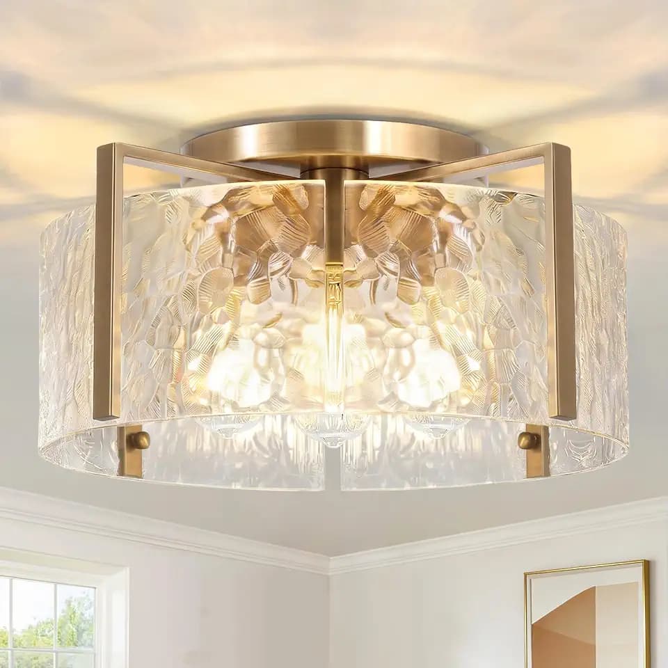 16'' Gold Semi Flush Mount Ceiling Light, 4-Light Glass Drum Light Fixtures