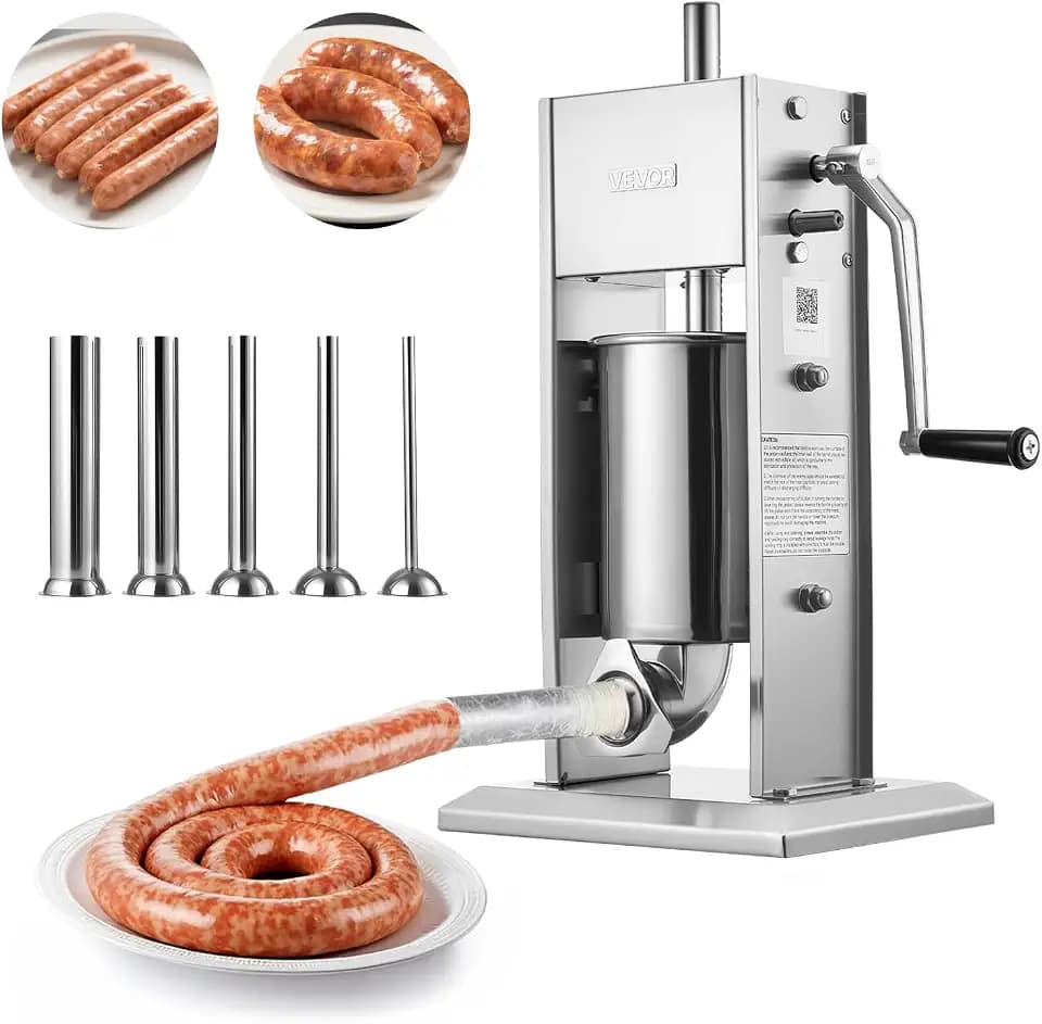 VEVOR Manueller Wurstfüller 3 L, Vertikale Wurstfüllmaschine mit 5 Füllrohren, Fleischfüllmaschine Zweistufiger Edelstahlfüller, Wurstpresse Geeignet für Gewerblichen & Privaten Gebrauch
