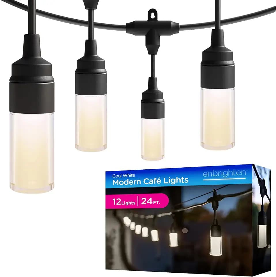 Enbrighten Modern Outdoor String Lights, 24ft, 12 Bulbs, White Light Only