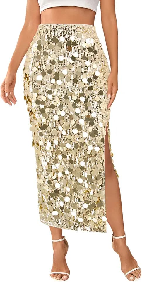 Haoohu Women's Sparkly Sequin Maxi Skirt High Waist Side Slit Bodycon Fit Stretch Long Skirts Night Out Party Clubwear