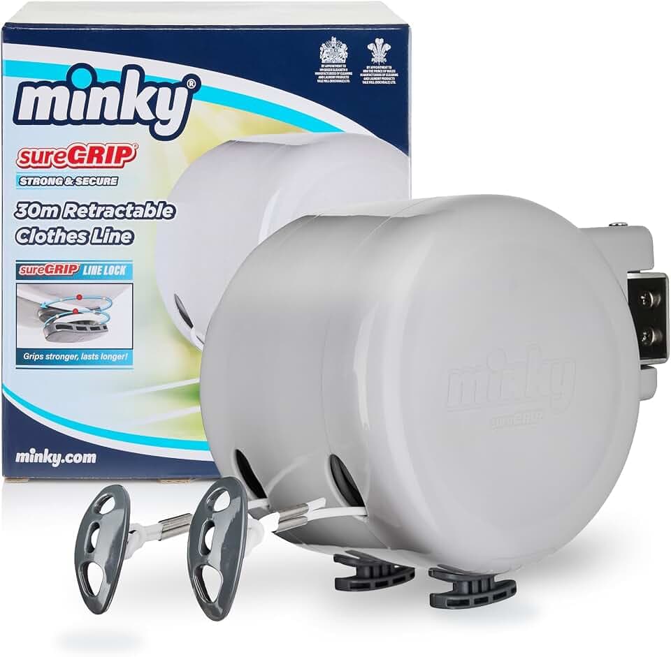 Minky ausziehbare Wäscheleine für außen 30 m (2 × 15 m), wetterfest, mit Wandhalter, für Garten & Balkon