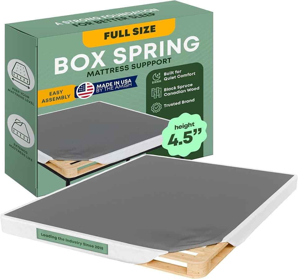 Greaton, 4.5” Full Size Box Spring Only for Full Size Bed – Amish-Made in The USA – Solid Wood Mattress Foundation with Stable & Quiet Support – Flat-Packed & Easy Assembly – White