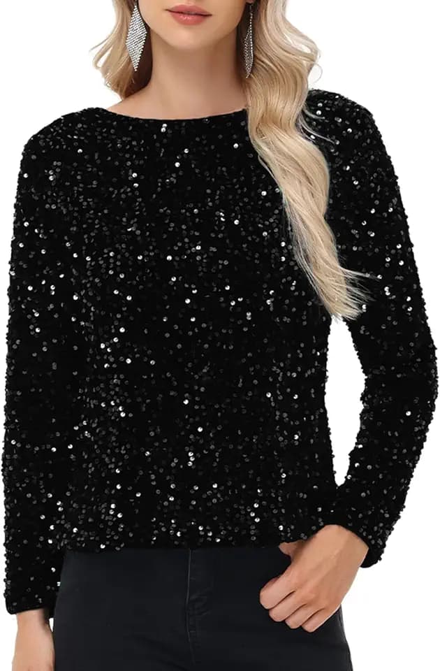 Anna-Kaci Women's Sequin Tops Sparkly Long Sleeve Glitter Evening Party Concert Shirt Blouse