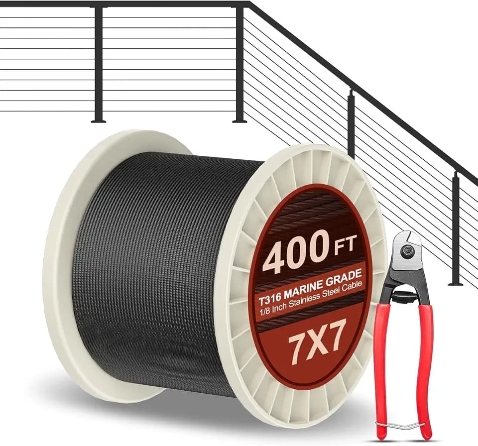 BLIKA 400FT 1/8" Black Stainless Steel Cable with Cutter, T316 Marine Grade