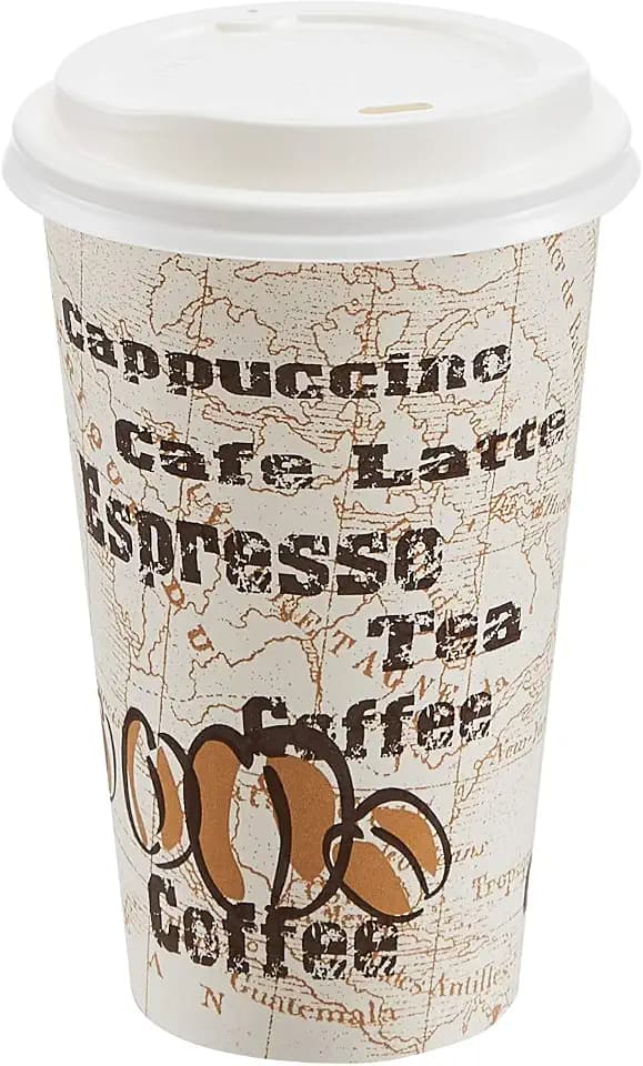 Amazon Basics Disposable Hot Paper Coffee Cups with Lids, To Go, Café Design, 16 oz, 100-Count