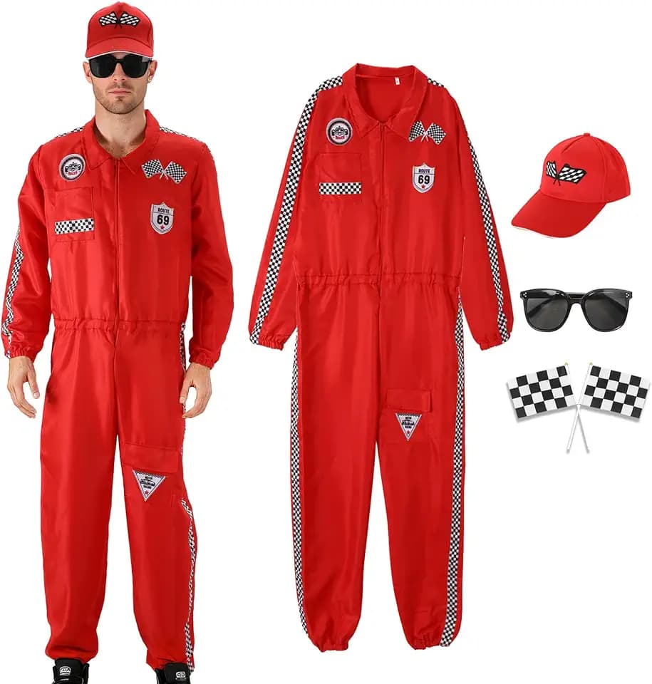 5PCS Racing Car Driver Costume for Slim Adults, Red Racer Jumpsuit Halloween Cosplay Outfit with Hat Sunglasses Flags