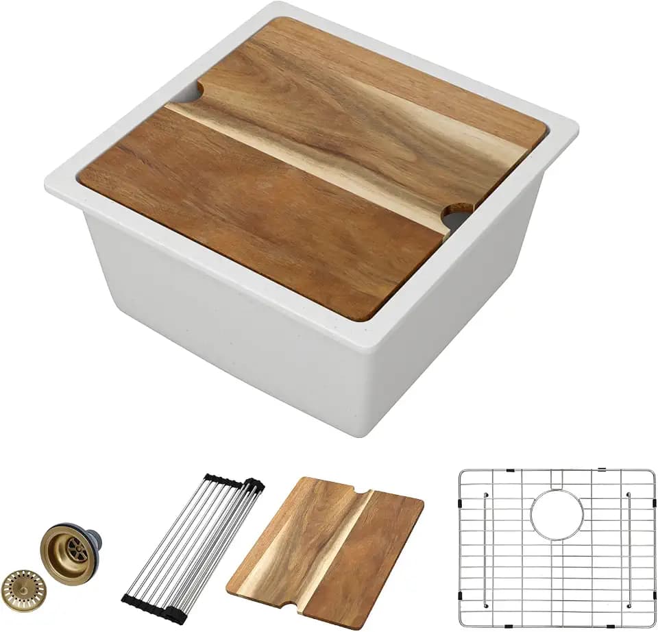 18 White Undermount Bar Sink- 18x18 Under Counter Wet Bar Prep Sink Granite Composite Quartz Workstation Sinks Quartz Natural Stone Not Easily Stained Single Bowl Small Kitchen Sinks