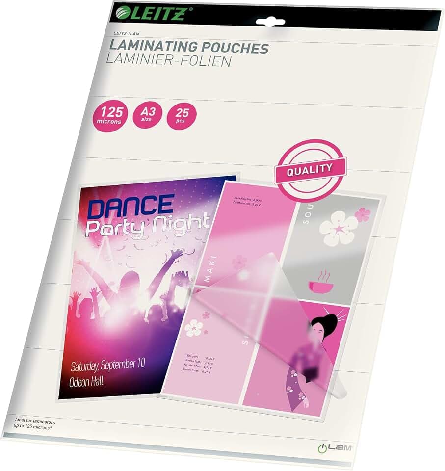 Leitz Heißlaminierfolien A3 125 mic, Hochwertige Laminierfolien im 100er Pack, mit abgerundeten Ecken, transparent, glänzend, ideal für Plakate und Zeichnungen, 33950