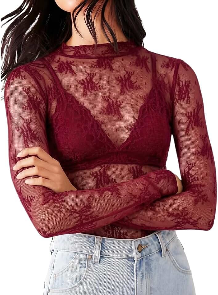 KMBANGI Women's Mesh Lace Long Sleeve Top Mock Neck Sheer Layering Tops