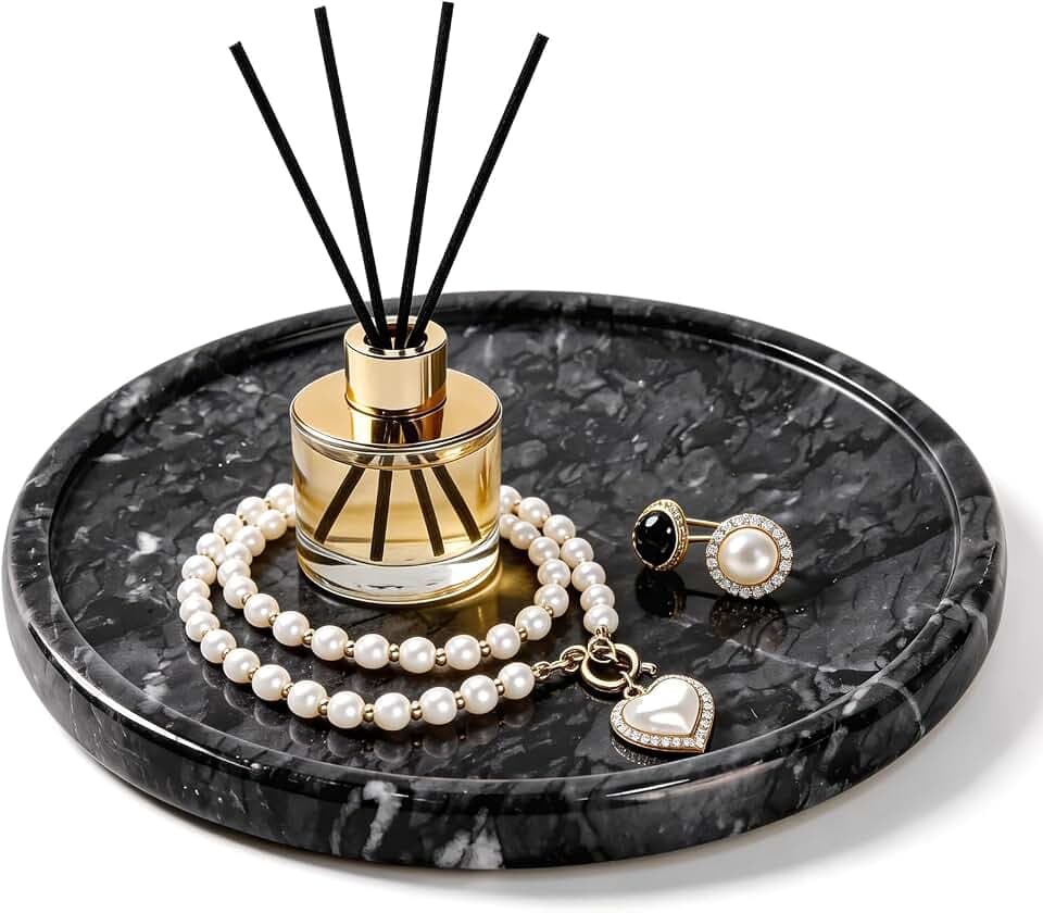 Natural Round Marble Tray - 7.8" Marble Vanity Tray for Dresser, Bathroom, Decorative Jewelry Dish for Perfumes Rings Earrings Necklaces, Stone Tray for Home Décor, Black