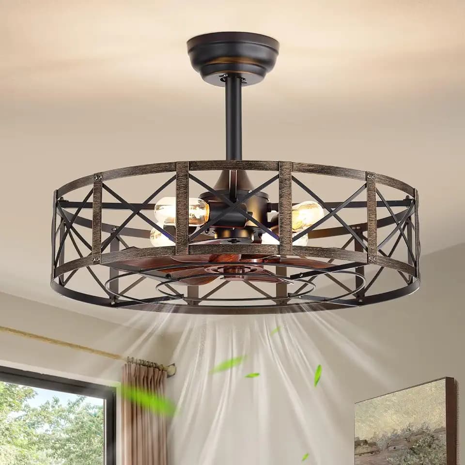 Fanbulous 23" Fandelier Caged Ceiling Fan with Light and Remote, Black Gold