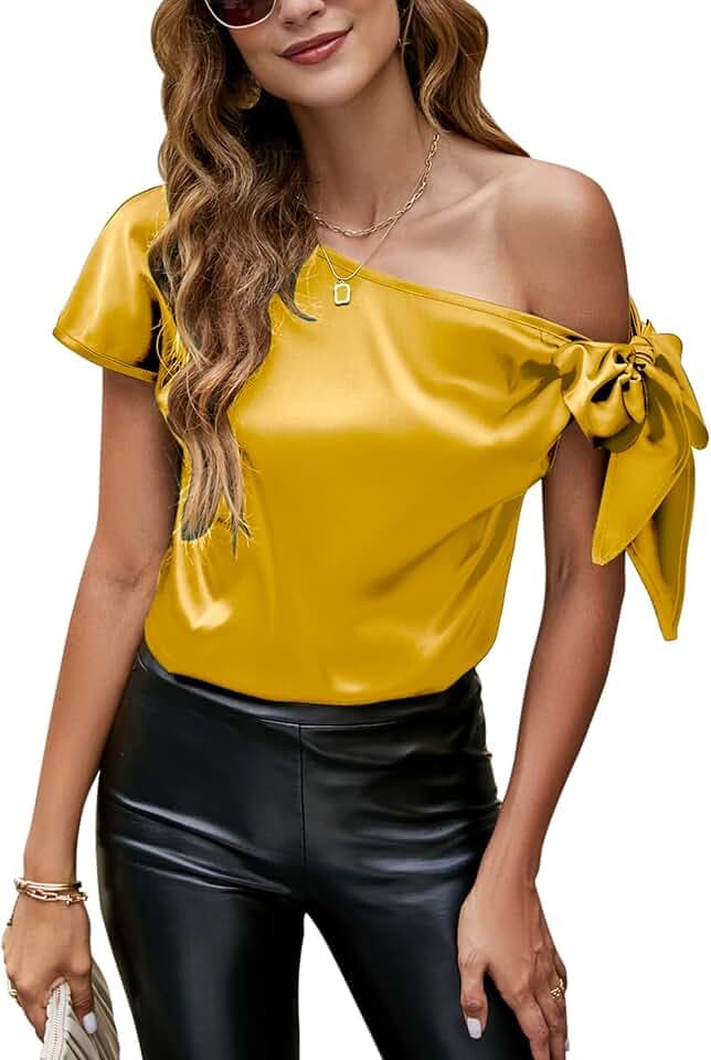 VIDUSSA Damen Bluse Elegant Sommer Schulterfrei Kurzarm Lässige Tops Seidig Satin Shirts