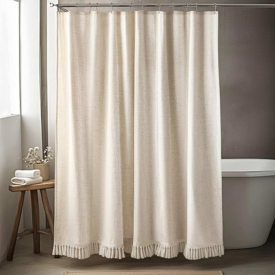 Linen Shower Curtain Boho Beige Shower Curtain with Tassels 72"W x 78"L