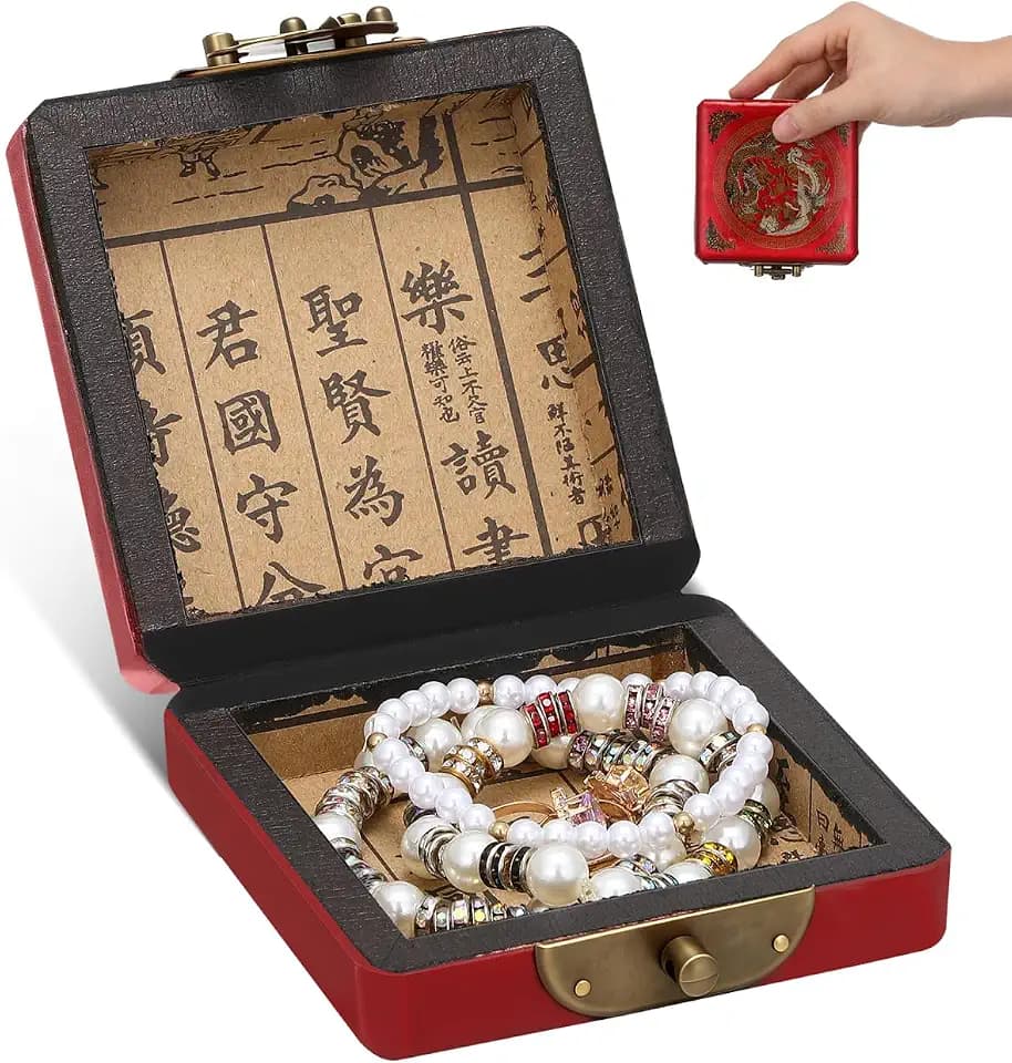 OSALADI Antique Style Chinese Jewelry Box 3.93X3.93X1.49In Wooden Vintage Trinket Storage Organizer for Rings Earrings Necklaces Keepsake Holder
