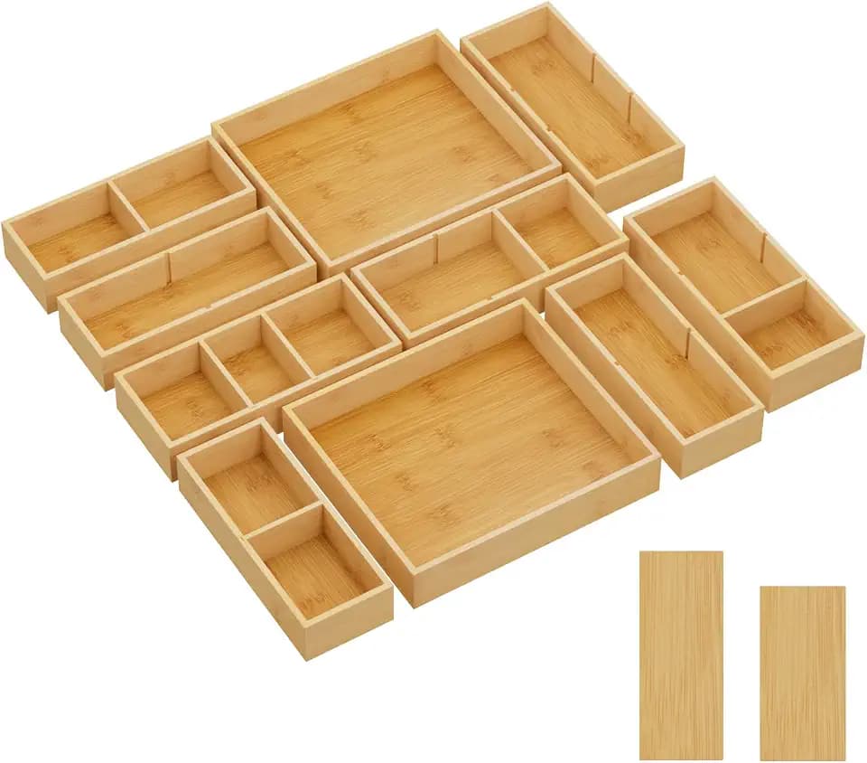 Lifewit 10 Pack Stapelbar Schubladen Organizer Holz mit 12 Einsätzen