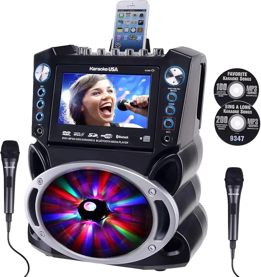 Karaoke Machine with Lyrics Display 7" Screen. CD+G, DVD, MP3+G, MP3, CD & USB. Wireless Bluetooth Speaker with LED Disco Lights. Includes 2 Wired Microphones and 2 Bonus Karaoke Discs By Karaoke USA