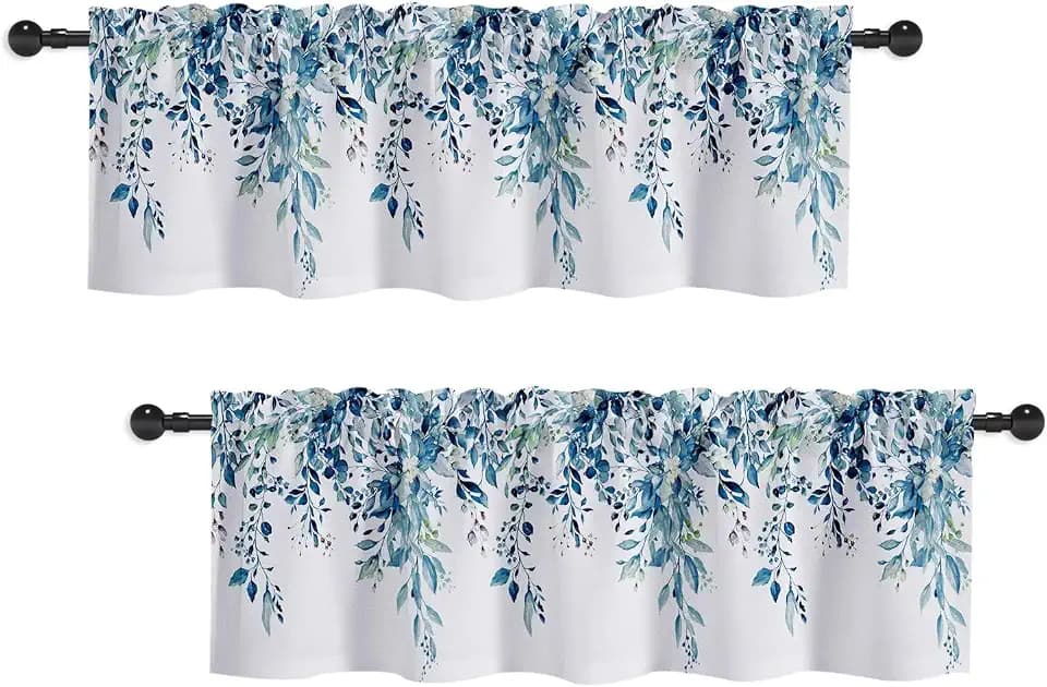 Navy Blue Eucalyptus Leaves Window Valances 52x12inches 2Panels