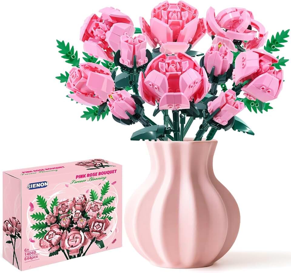 SIENON Rosa Rose Blume Baukasten-10 Stück Rosen & 2 Stück Blätter Botanical Collection, Künstliche Blume für Home Décor, Rosenstrauß Baukasten für Valentinstag Weihnachten Geburtstag Jubiläum(No Vase)