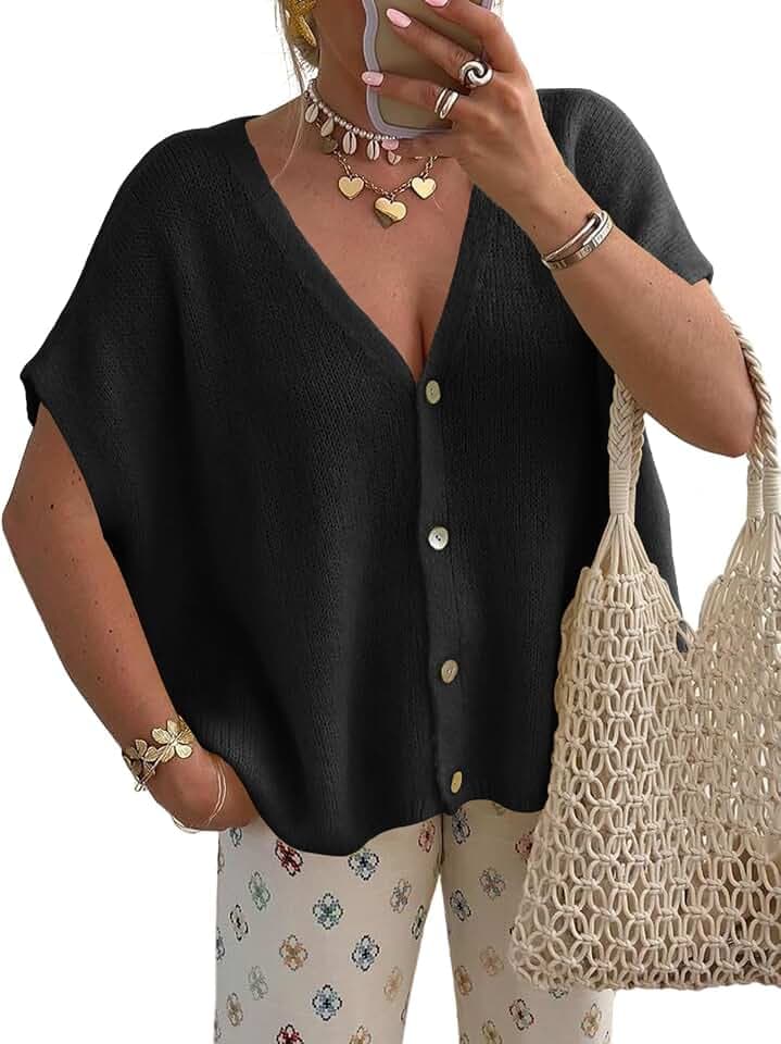 NEWHER Womens Batwing Short Sleeve Cardigans Sweaters Tops Spring Summer 2026 Oversized V Neck Button Up Knit Cardigan