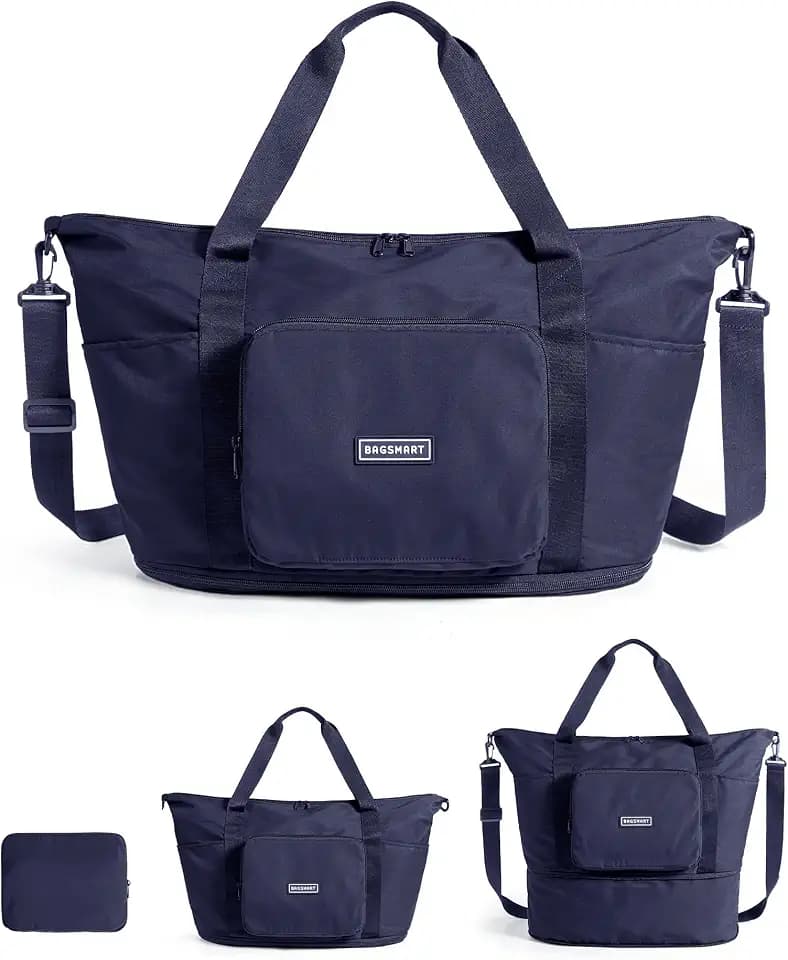 BAGSMART Foldable Travel Bag, 37L Expandable Personal Item Bag, Navy Blue