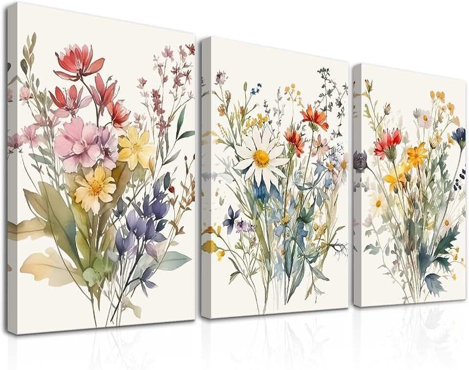 Dazzlewall 3 Stück Aquarell Blumen Wandbilder, Bunte Wildblumen Leinwand Bilder, Minimalistische Botanische Wandkunstdrucke für Schlafzimmer Wohnzimmer Dekor Mit Rahmen 30x40 cm