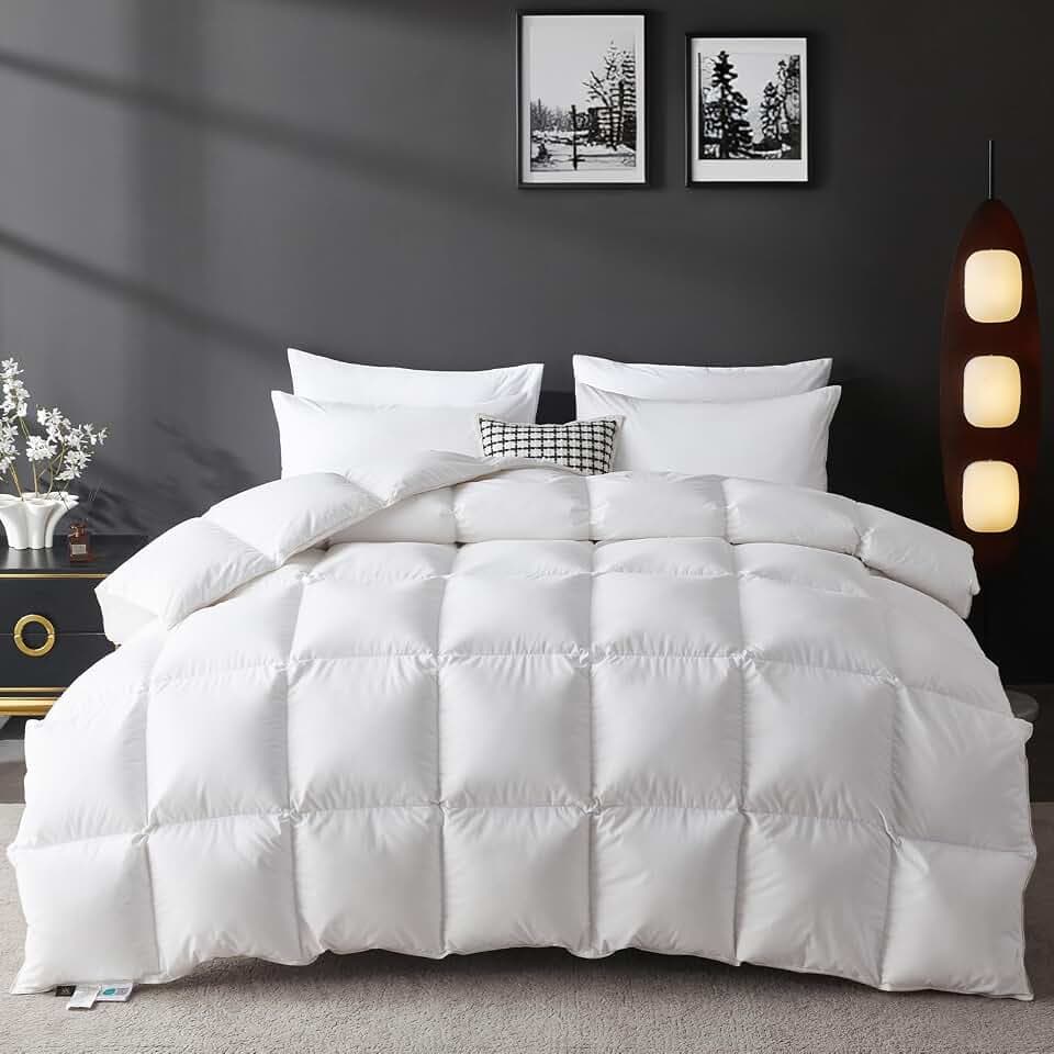 L LOVSOUL Organic 75% Down Comforter Oversize Queen,850+ FP Fluffy Hypoallergenic Hotel-Luxury Duvet Insert,1200TC Ultra Soft Fabric and Breathable Machine Washable,All Season White 8 Tabs,98X98IN