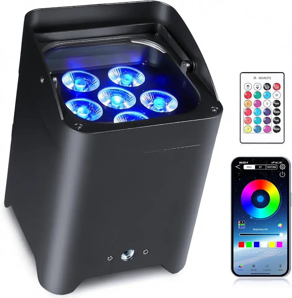 Battery Powered Uplights Rechargeable Stage Lights 9600mAh Par Can Light 6x18W RGBWA+UV Wireless with APP Remote Control DMX 512 Sound Activated, Uplighting for Events DJ Party Wedding (Black)