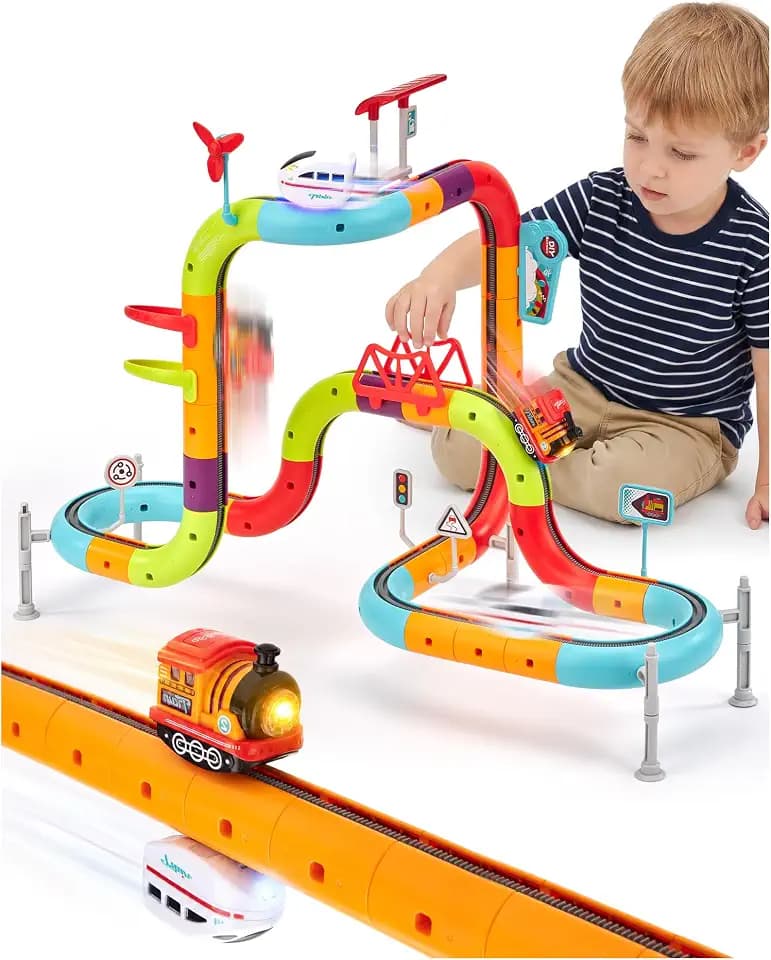 hahaland Electric Train Set for Kids Ages 4-8, Flexible Race Track - 64PCs