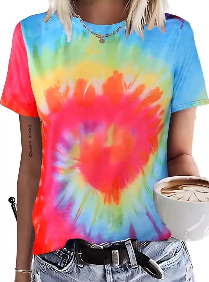 Remidoo Women's Tie Dye Shirt Crewneck Short Sleeve Summer Tee