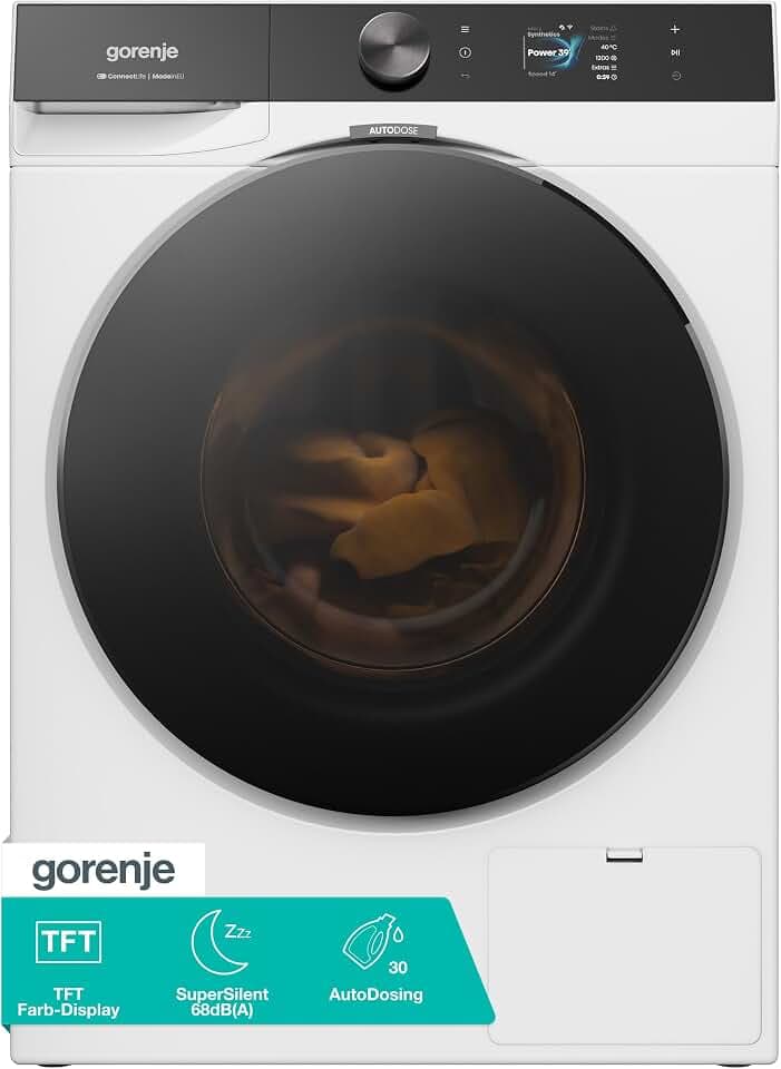 Gorenje WG814A5T4 Waschmaschine mit Dampffunktion, 10kg, 1400 U/Min, 20 Programme, TFT Farb-Display, SuperSilent 68 db(A), AutoDosing, UltraClean, FastWash Pro, ConnectLife, ShoeWash, EEK A, Weiß