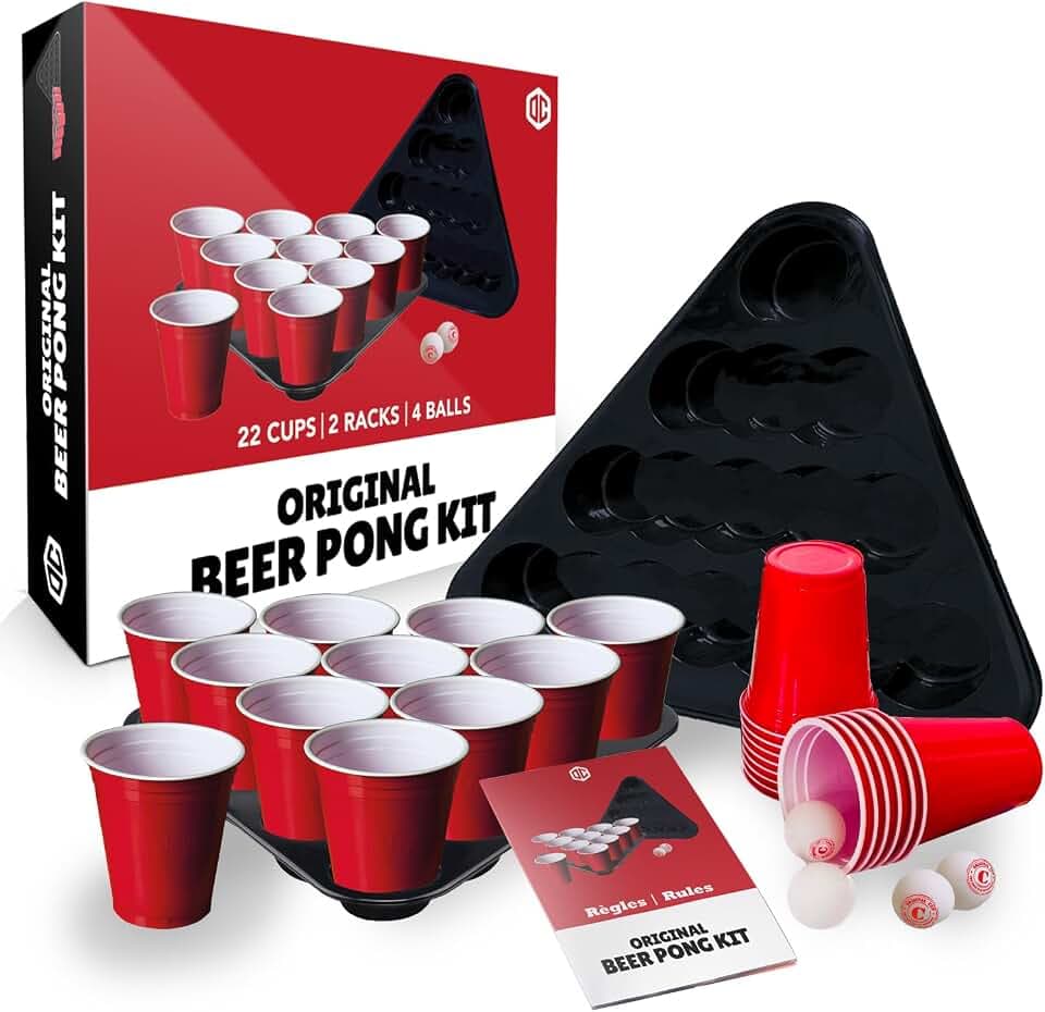 Offizielles Beer Pong Set® | Gesamtpaket Beer Pong Officiel | Premium Qualität | 22 Red Cups | 2 Racks | 4 Bälle | Offizielle Regeln | Trinkspiel | Partyspiel | 100% Spaß