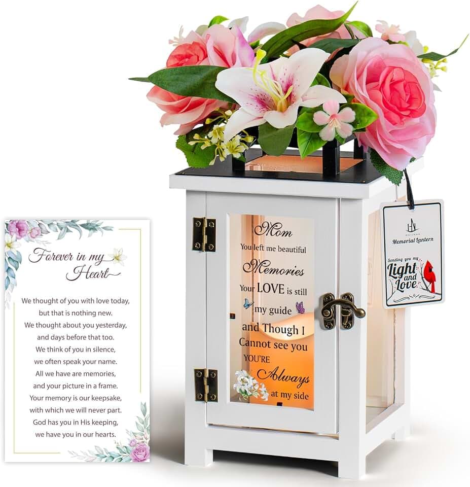 Memorial Lantern with Sympathy Lily Rose Flowers, Sympathy Bereavement Gift Idea for Loss of Mother Mom Memorial Gift for Loss of Loved One