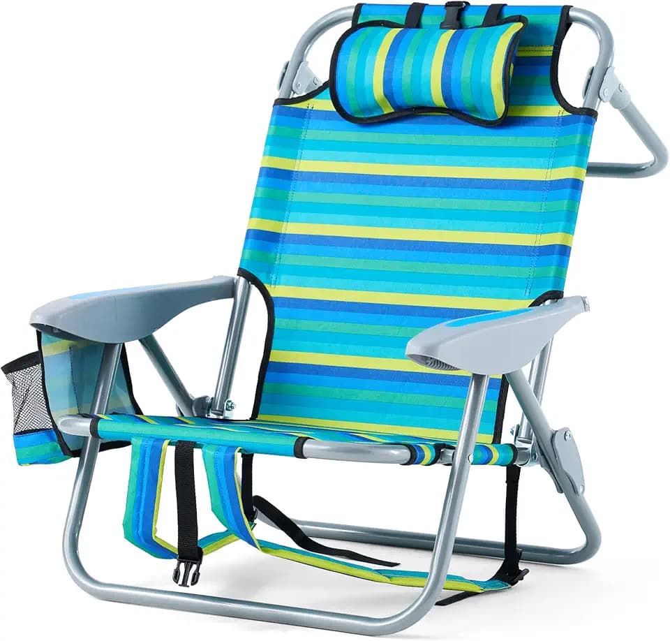 Portable Recliners Chair for Adults, Outdoor Camping Chair Lay Flat Folding Backpack Reclining Chair with 5 Positions, Headrest, Zipper Pouch, Cup Holder, NEW Srtiped
