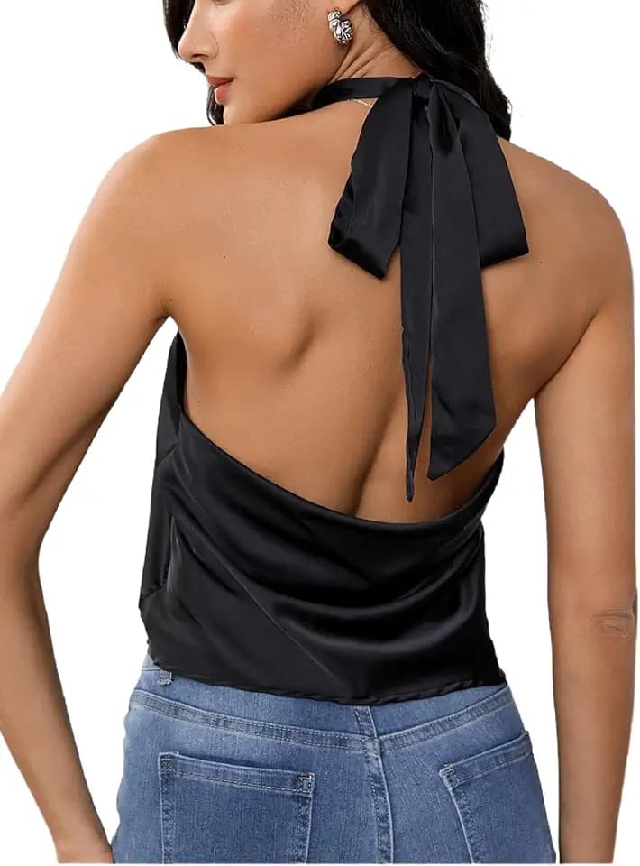 MakeMeChic Women's Satin Silk Halter Going Out Tops Open Back Tank Top