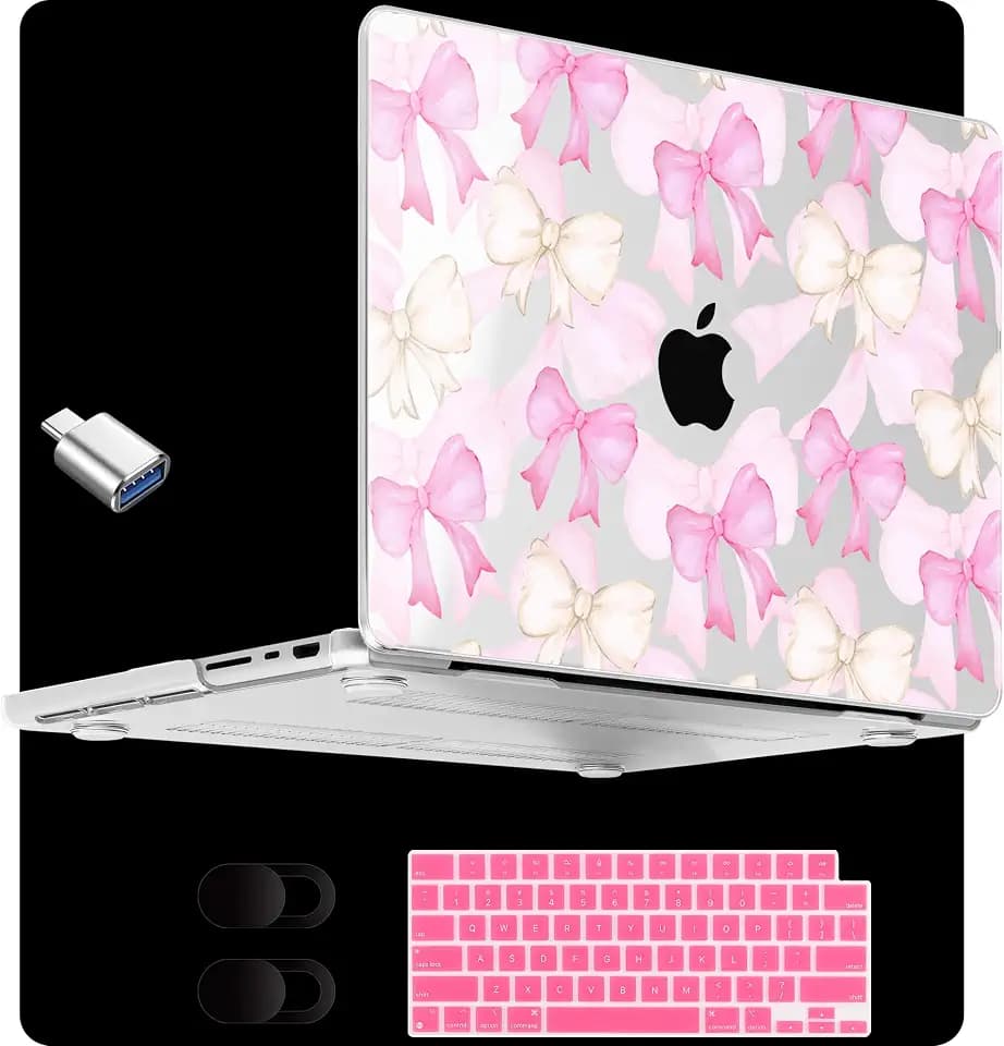 MEEgoodo Case for MacBook Pro 14 inch (M5/M4/M3/M2/M1) Pro/Max 2026 2025 2024 2023 2021, Laptop Shell Fit Model A3427/A3426/A3434/A3112/A3401/A3185/A2918/A2992/A2779/A2442,White & Pink Bows