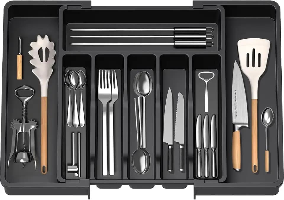 Ausziehbares Utensilientablett für Schublade, Besteck, Schubladen-Organizer für die Küche, Aufbewahrungsständer aus Kunststoff für Besteck, Löffel, Gabeln usw., schwarz