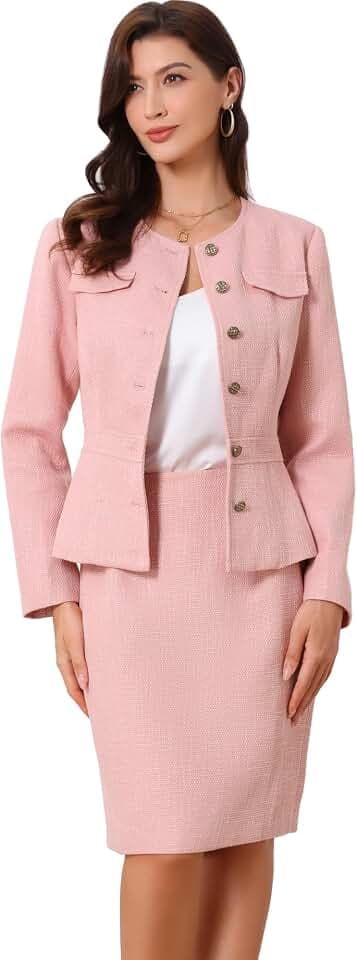 Allegra K Anzug-Set für Damen, 2-teilig, Tweed, Schößchen, Kragenlos, Blazer, Jacke und Rock