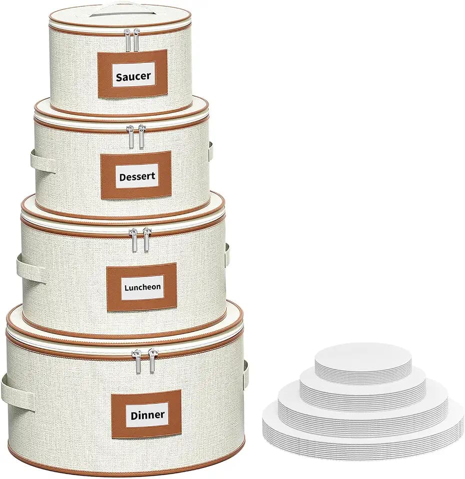 Aokeyee 4-Piece Plate Storage Set, Hard-Shell Dinnerware Organizer, Ivory