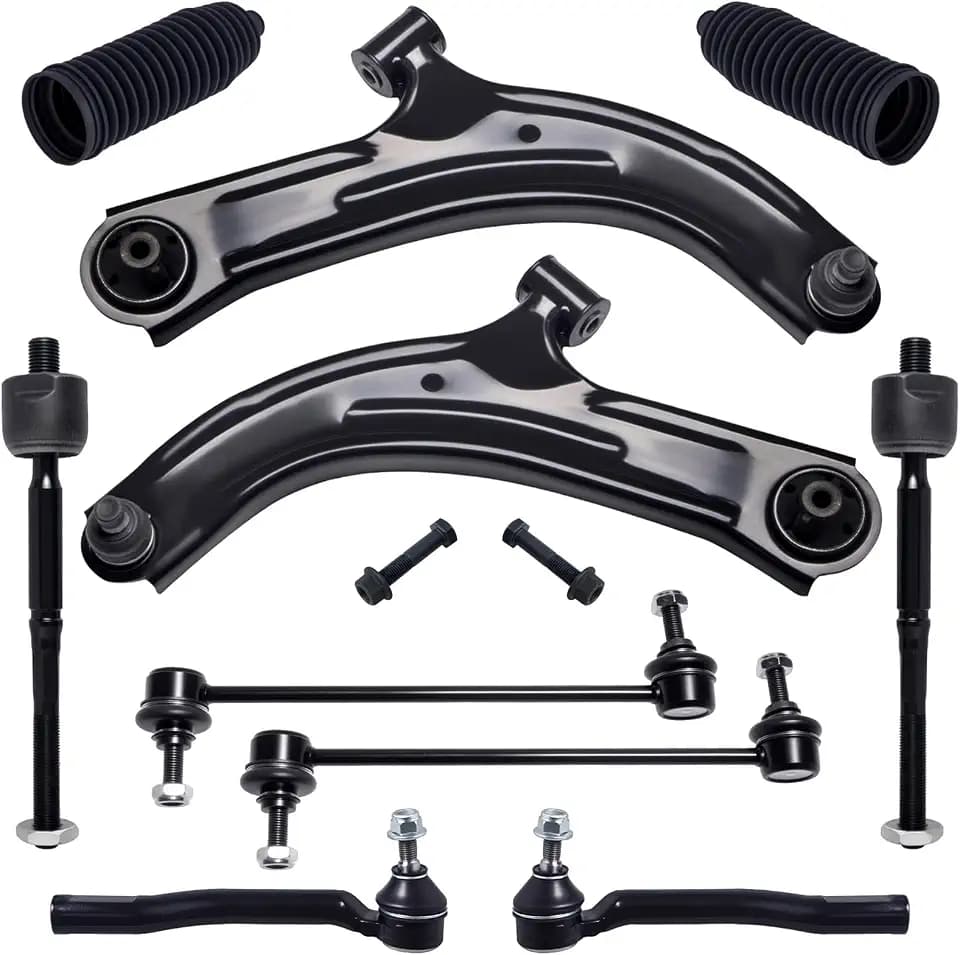 TUCAREST 10Pc Suspension Kit Fit For 2007-2011 Ni-ssan Versa, 09-14 Cube, 2 Front Lower Control Arm w/Ball joint + 4 Outer Inner Tie Rod + 2 Sway Bar + 2 Boots [# K620566 K750098 EV800322 ES800248]