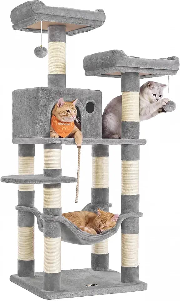 Feandrea Cat Tree, 55.8-Inch Large Cat Tower, Multi-Level Condo, Light Gray