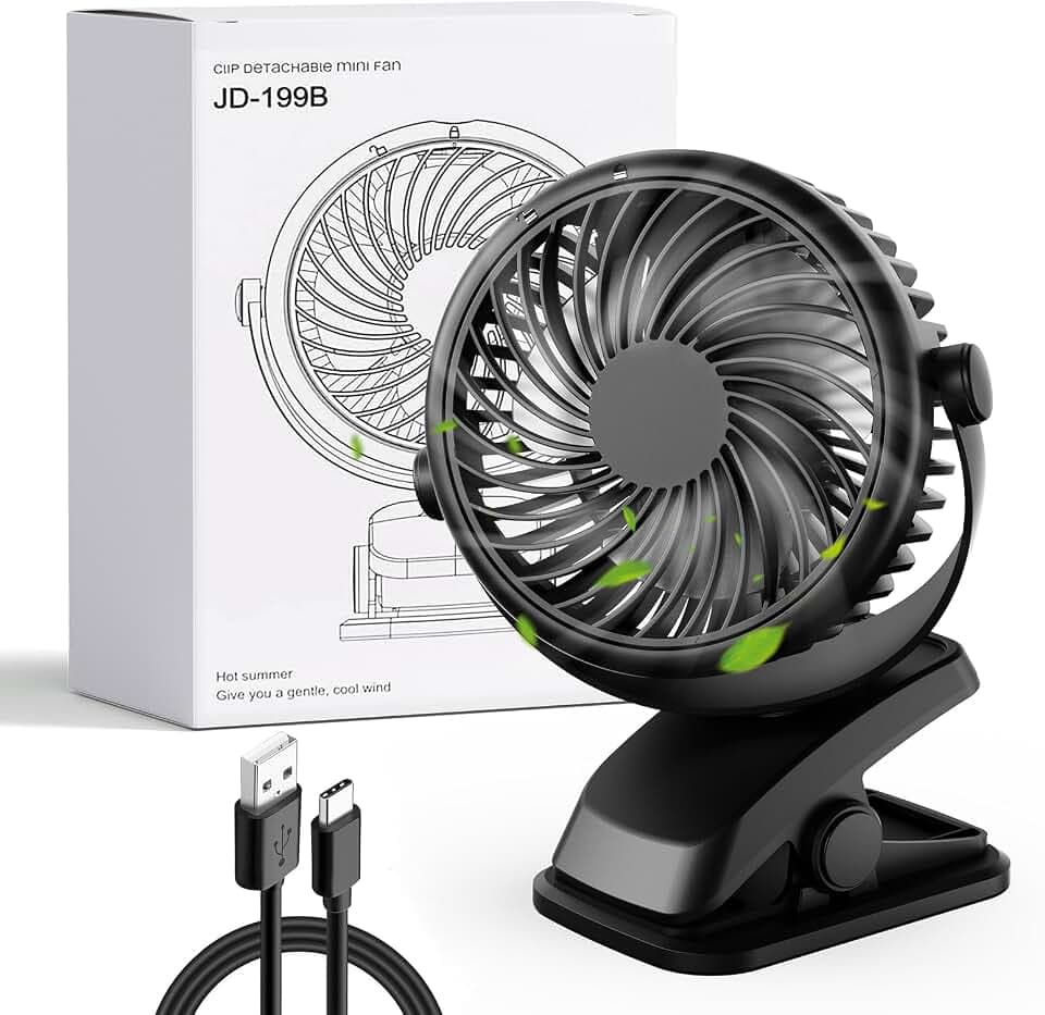 Mini Ventilator Akku mit Clip, USB-C Grow Ventilator Klein, Manuelle Drehung Tisch Ventilatoren Leise mit 3 Geschwindigkeiten, Tragbarer Aufladbar für Auto Camping Growzelt Kinderwagen