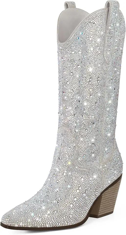 MUCCCUTE Women's Rhinestone Mid Calf Boots Sparkly Block Heel Cowboy Boots Glitter Boots