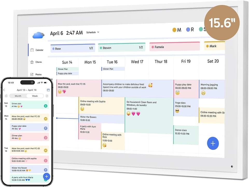 Dragon Touch 15.6 Zoll Digitaler Kalender Wand - 1920 * 1080 FHD Elektronischer Wandkalender Familienplaner mit 32GB Speicher und Wandhalterung, Touchscreen Intelligenter Tischkalender-Weiß