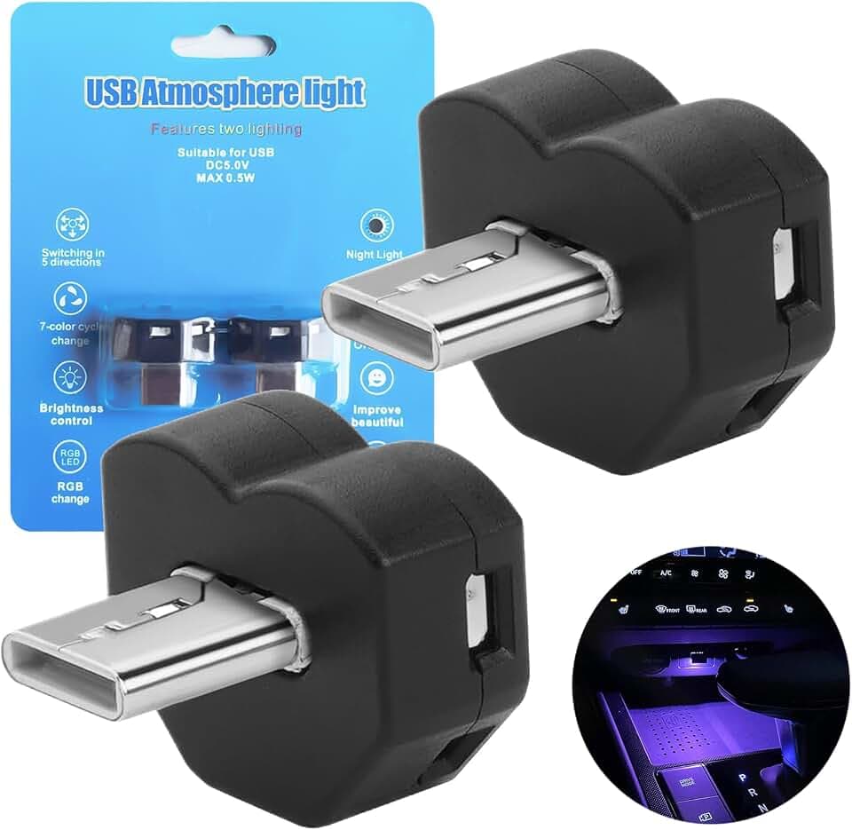 AUTOXBERT 2 Stück Typ-C Mini USB LED Licht, 8-Farben Einstellbarer Winkel Umgebungslicht, Auto On/Off-Atmosphäre Lampe für Auto-Innenraum, Home Decor, Lesen, Camping, Tastatur Beleuchtung