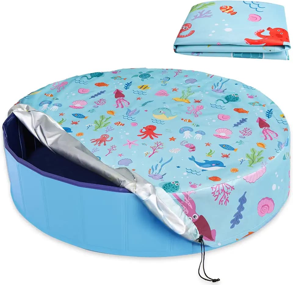 Round Pool Cover 63"(5 Ft), Foldable Kiddie Solar Cover Fit Dog Swimming Pool, Pets Kids Bath Tub, Anti-UV Dustproof Safety Pool Cover with Cute Ocean Animals Pattern