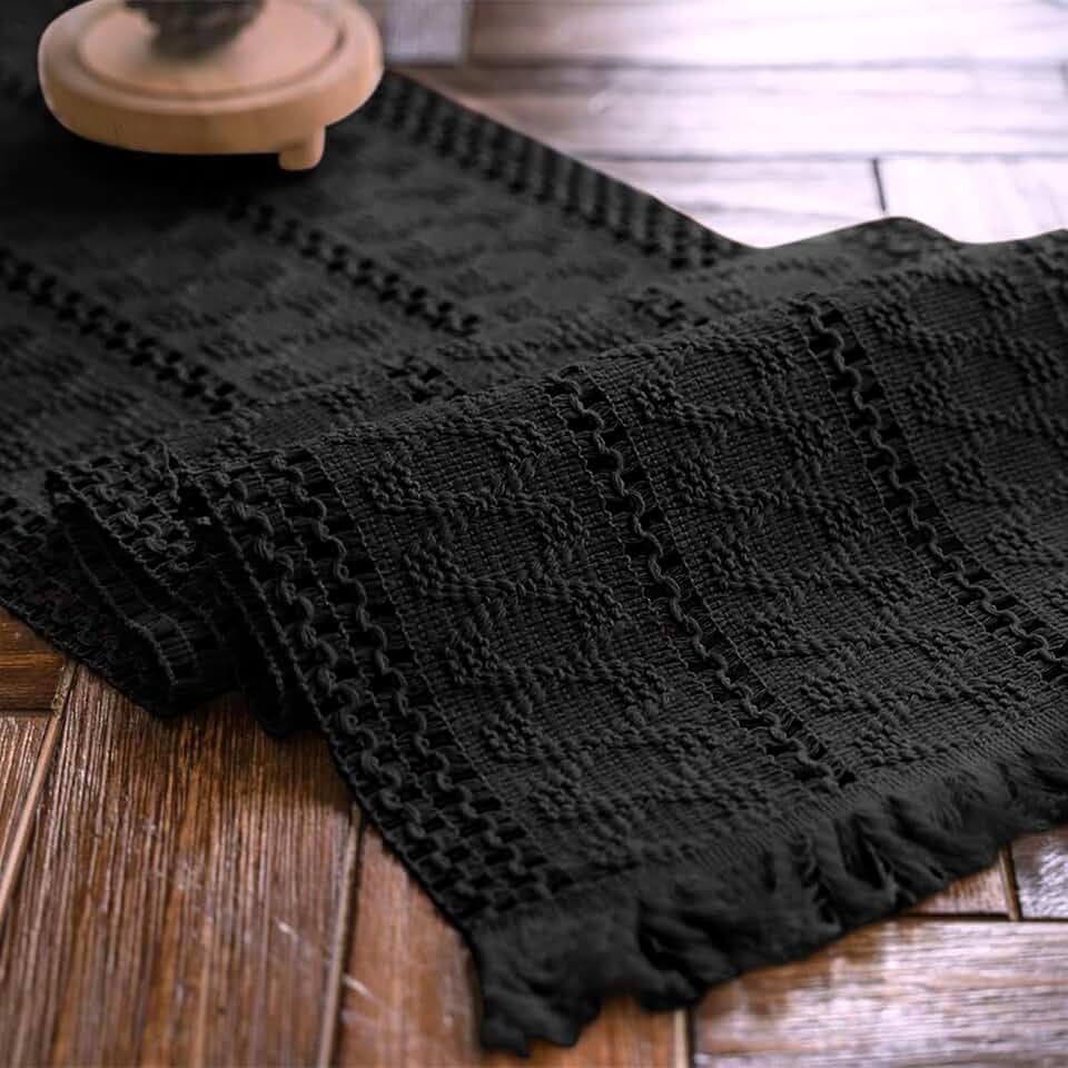 Macrame Table Runner Pure Black Boho Table Runners with Tassels 12x95in